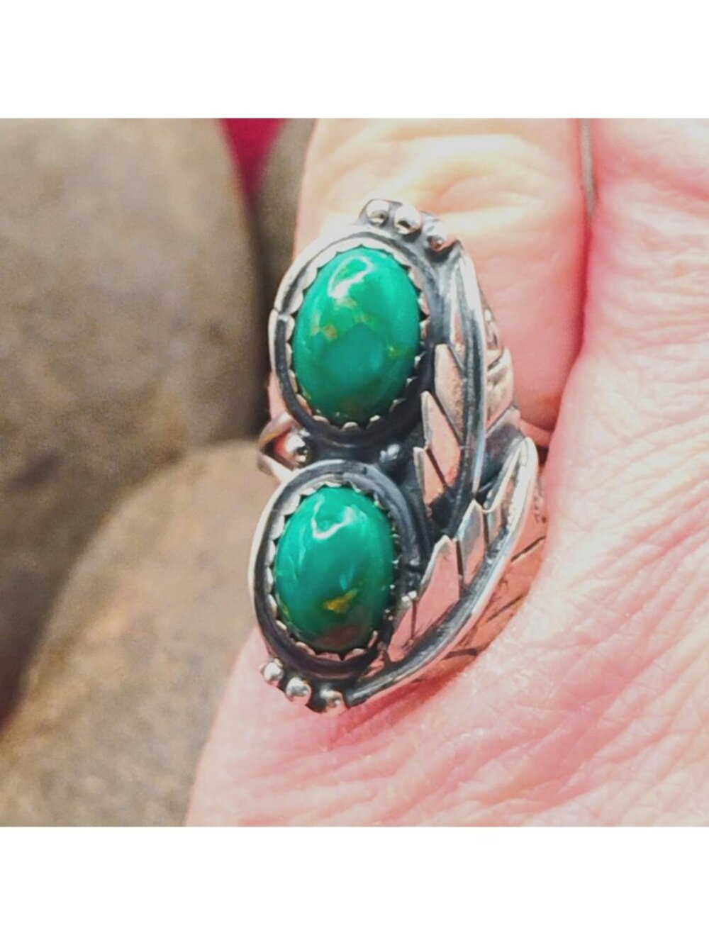 Southwest Sterling Silver Green Double Turquoise Stone Ring Size 6.5